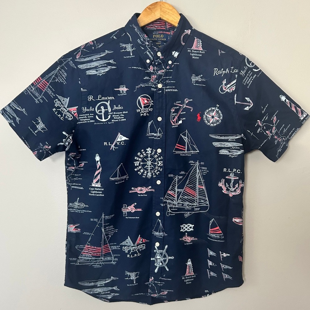 Polo Ralph Lauren Shirt Men L Navy Nautical Sailboat Slim Untucked Fit